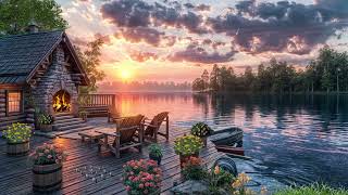 Serene Lakeside Cabin at Sunset Cozy Fireplace and Wooden Deck Overlooking the Water [upl. by Nolly]