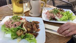 Badischer Wurstsalat mit Brägele und einem Bier im Freien in Freiburg Sonntag Herbst 2017 [upl. by Annayk]