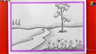 How to draw a Flower garden With Landscape scenery  Easy drawing  Pencil Sketch [upl. by Cordula]