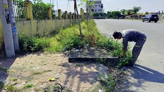 Manually cleaning the overgrown sidewalk in front of the school gate Beautiful transformation [upl. by Forras171]