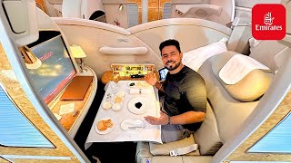 The Complete EMIRATES A380 FIRST CLASS Experience with LUXURY DINING [upl. by Moselle]