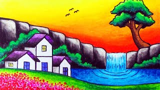 How to Draw Nature Scenery of Waterfall Sunset and Houses  Easy Waterfall Sunset Scenery Drawing [upl. by Aniara]