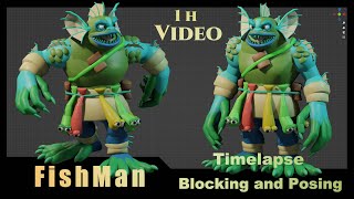 Timelapse 1H blocking and posing FishMan in Blender with BlockSurfaces addon blendercharacter3d [upl. by Rimaa]