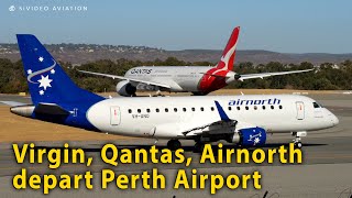 Qantas VHZNN Airnorth VHANO Jetstar VHVGH amp Virgin VHNVW on RW03 at Perth Airport [upl. by Morna339]