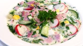 Okroshka  traditional Eastern summer cold soup with ham based on sour cream [upl. by Annirak604]