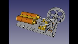 FreeCAD  EXPERIMENTAL 2 CYLINDER HORIZONTAL VALVELESS STEAM ENGINE [upl. by Nathaniel613]