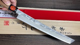 Shigeki Tanaka Swordlike Archformed Aogami Damascus Sakimaru Sashimi Knife 270mm with Walnut Handle [upl. by Minetta]