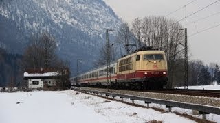 Bahnverkehr in Oberaudorf am 040212 mit Turnuszügen 103 245 TXL Dreier und LoMo 139 Gruß [upl. by Clarita]