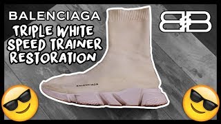 2017 BALENCIAGA TRIPLE WHITE SPEED TRAINER HIGH RESTORATION [upl. by Min266]