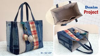 Easy to sew a tote bag from jeans waist  sewing diy a denim tote bag tutorial  denim projects [upl. by Gilda566]