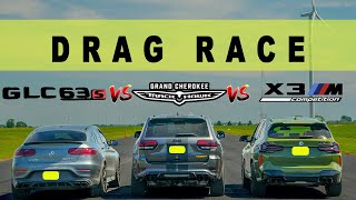 2022 BMW X3M Comp vs Jeep Trackhawk vs Mercedes GLC AMG 63S Coupe close but not close Drag Race [upl. by Adnuhser]