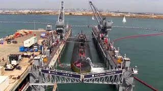 Nuclear Submarine Dry Docks Inside Floating Dry Dock  Timelapse Video [upl. by Idnim]