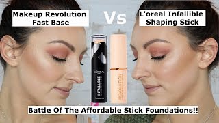 Makeup Revolution fast base Vs Loreal infallible shaping sticks  Affordable Stick Foundation wars [upl. by Ahsied543]