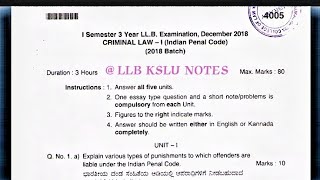 LLB CRIMINAL LAW  1  IPC  20182023 KSLU QUESTION PAPERS  1st SEM  8020 PATTERN [upl. by Ludly]