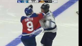 Gabe Smith Moncton VS Colby Train Chicoutimi QMJHL Fight 101824 [upl. by Ennail]