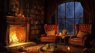 Cozy Room Ambience with Jazz Piano ⛈️ Thunderstorm Rain Fireplace Sounds to Reading amp Sleeping 4K [upl. by Yahs696]