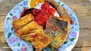 Fried Snoek with Tomato and onion smoortjie served with white rice [upl. by Rutter]