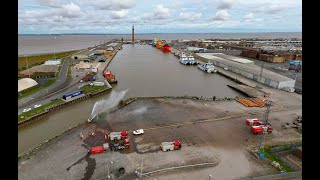 Humberside Fire and Rescue training at Grimsby Docks Aerial Drone Video 4k [upl. by Grassi183]