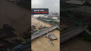 Colliding barges on Marikina River hit Pasig bridge [upl. by Asillim]