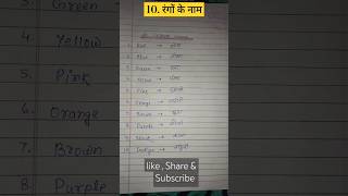 10 rangon ke naam  colours name in english and hindi  10 रंगों के नाम  10 colours name shorts [upl. by Eecrad]