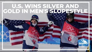 US earns gold silver in mens skiing slopestyle at Winter Olympics [upl. by Notsae]