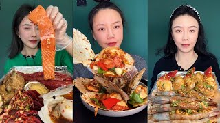 Mukbang 12Eat marinated seafood 🦞🍢 salmon oyster 🦪 shrimp 🦐🍤 scallops mukbang oyster food eat [upl. by Amikan]