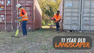 Kid mows neglected shipping container lawn that needed HELP neat overgrown grass PROPERTY Cleanup [upl. by Lenes]