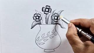 Pencil sketch flower pot drawing  How to draw flower pot with flowers [upl. by Anastasia]