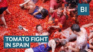 Hundreds Of Tons Of Tomatoes Are Used As Ammo In Spains Tomatina Festival [upl. by Gardas]