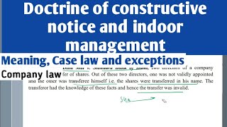 Doctrine of constructive notice and indoor management  Exceptions of indoor management Company law [upl. by Dodie]