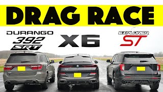 Ford Explorer ST Races BMW X6 and Dodge Durango SRT 392 things get wet Drag and Roll Race [upl. by Isdnil]