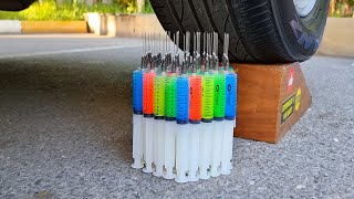 Running Over Stuff With Car  Car vs Colored Syringes and Slime  Crushing Things With Car ASMR [upl. by Asiat]