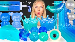 ASMR TEAL AND INDIGO FOOD EDIBLE PEARLS CHEESE JELLY EDIBLE GLITTER SQUEEZE BOTTLE MUKBANG 먹방 [upl. by Aicala480]