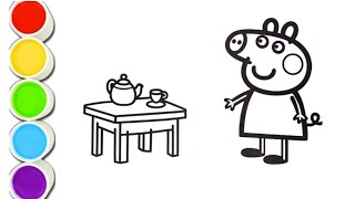 Tea time with Peppa pig drawing  Peppa pig colouring and painting for kids and toddlers [upl. by Annawot]