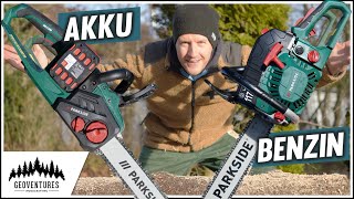 TEST Parkside PKSA40Li vs PBKS53 KettensÃ¤gen  Akku oder Benzin [upl. by Ahsieki353]