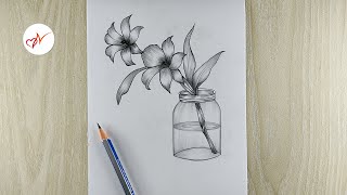 How to draw beautiful orchid flowers in a jar  Step by step pencil sketch drawing [upl. by Kinelski863]