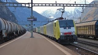 Bahnverkehr in Erstfeld  Gelbe Dispoloks am Gotthard [upl. by Arracot]