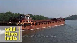 Iron ore barge over the Mandovi river in Goa [upl. by Helmer]