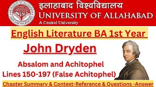 John Dryden  Absalom and Achitophel Lines 150197  False Achitophel  Summary in Hindi [upl. by Neiluj]