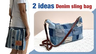 2 ideas denim sling bag from scrap old jeans denim patchwork sling bag tutorial [upl. by Sucitivel6]