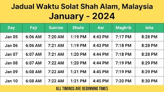 Jadual Waktu Solat Shah Alam Malaysia January  2024  Shah Alam Prayer Times [upl. by Einnij894]