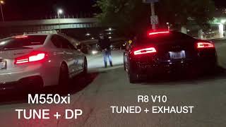 BMW M550 Tuned amp Exhaust vs R8 V10 Tuned amp Exhaust [upl. by Kera699]