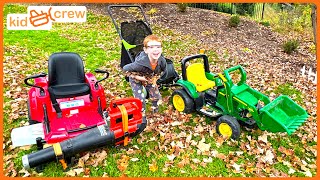 Collecting leaves with kids zero turn mower tractor and truck Educational leaf blowers  Kid Crew [upl. by Mehs]