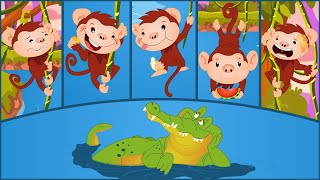 Five Little Monkeys and the Alligator  Swinging in a Tree  Five Monkeys Rhyme [upl. by Esch]