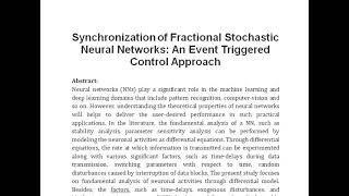 Synchronization of Fractional Stochastic Neural Networks An Event Triggered Control Approach [upl. by Roeser93]