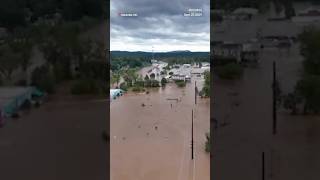 Drone footage shows extensive flooding in Asheville North Carolina from Hurricane Helene [upl. by Atiuqihs]