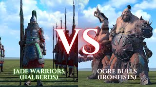 WARHAMMER III Total War  Jade Warriors Halberds VS Ogre Bulls Ironfists [upl. by Dodi]