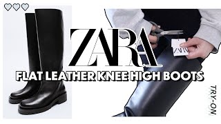 ZARA Flat Leather Knee High Boots  TryOn  AERIN [upl. by Rodgiva]