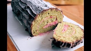 Christmas Log Cake with Matcha Raspberries amp Chocolate Green Tea Cake Roll Yule Log Cake [upl. by Sheena942]