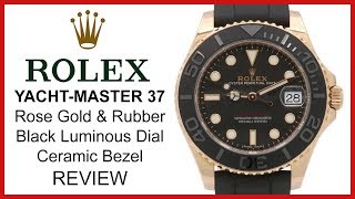 ▶ Rolex YachtMaster 37 Rose Gold Black Ceramic Bezel Oysterflex Strap REVIEW  268655 [upl. by Ahsenal330]